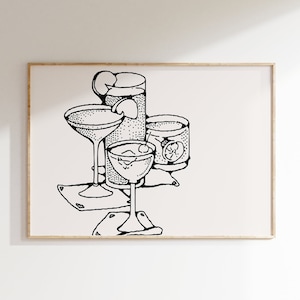 ミニマリストなバーカートの壁飾り | カクテルアートプリント | 乾杯の印刷可能な壁アート | バーアクセサリー | バーカートアート | 手描きイラスト