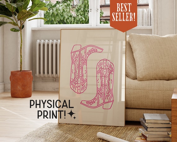Cowboy Boots Art Print - PHYSICAL Minimalist Southern Wall Art Giclée Print, Western Cowgirl Art Print, Cute Apartment Decor