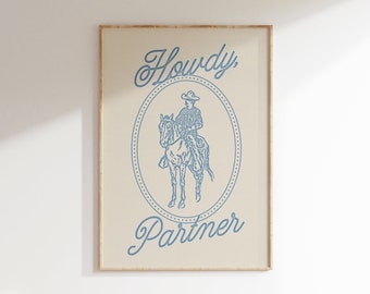 Bonjour partenaire imprimé bleu, affiche d'art murale minimaliste, art cowboy vintage, décoration d'appartement mignon, impression hospitalité du sud
