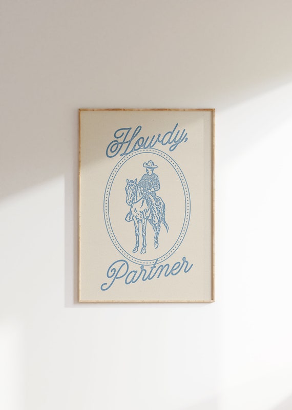 Howdy Partner Print Blue, Minimalist Western Wall Art Poster, Vintage Cowboy Art, Cute Apartment Decor, Southern Hospitality Print