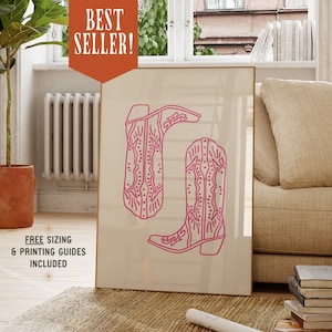 Botas de vaquero rosas imprimen arte minimalista de la pared del sur, cartel rosa femenino, arte vintage de vaquera occidental, linda decoración de apartamentos