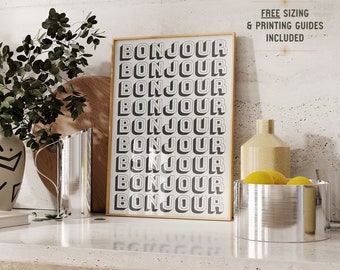 Bonjour konsttryck, minimalistisk typografisk väggkonst, retro väggdekor, fransk talesättposter, söt lägenhetsinredning, preppy väggkonst