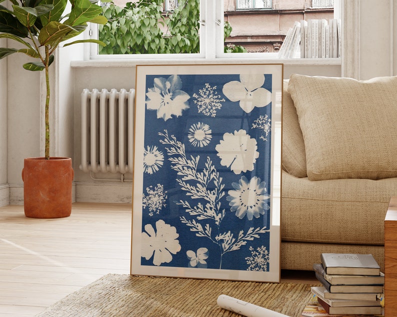 Modern Botanical Art Print Minimalist Boho Wall Art Cyanotype Poster Modern Boho Art Digital Download Print Art for Gallery Wall Floral Art image 1