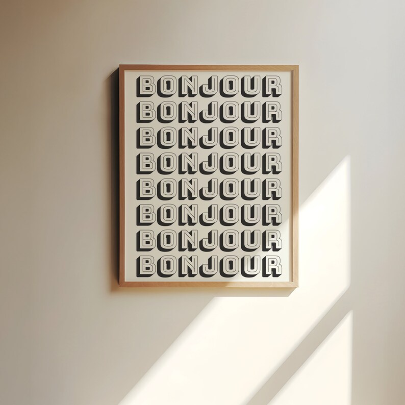 Bonjour Art Print, Minimalistische Typografie Wandkunst, Retro
