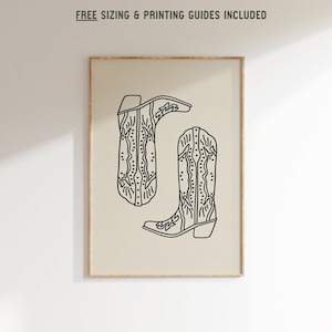 May include: Line art print of two cowboy boots with intricate designs. The boots are black on a beige background.