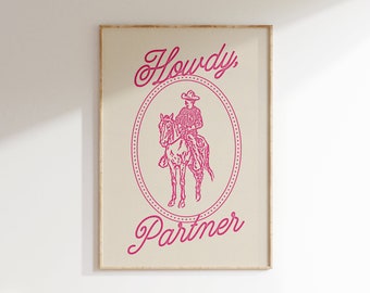 Howdy Partner Wall Art, Howdy Sign, Vintage Cowboy Poster, Vintage Western Cowgirl Cute Apartment Decor