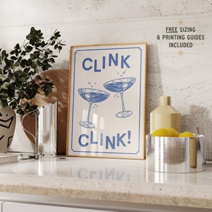 バーカートアクセサリーカクテルアートプリント、バーカート装飾、Clink Clinkヴィンテージカクテルポスター、レトロかわいいアパートの装飾