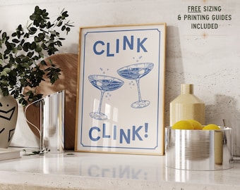 Accessoires de chariot de bar impression d'art cocktail, décoration de chariot de bar, affiche de cocktail vintage Clink Clink disant, décoration d'appartement mignon rétro