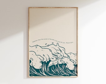 Psalms Scripture Art Print, Minimal Christian Wall Art, Waves Illustration Poster, Psalm Bible Verse Decor. Nursery Bible Art