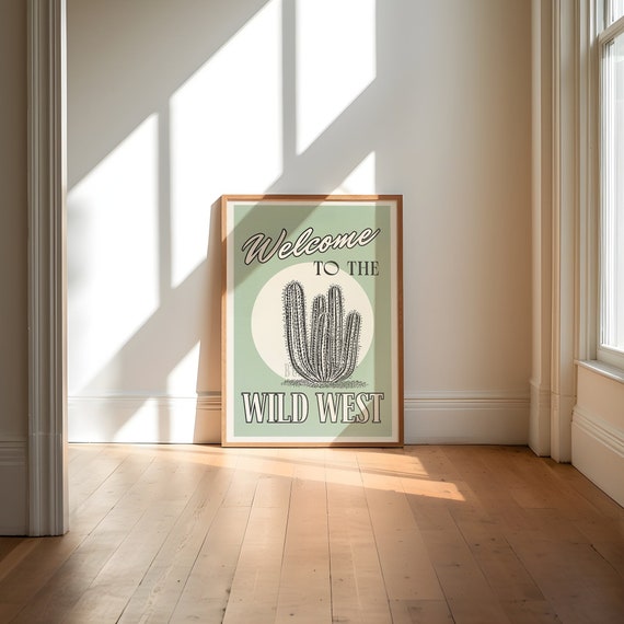 Wild West Poster Vintage Western Wall Art, Cowboy Cute Apartment Decor, Retro Cactus Art Print, Southwestern Art
