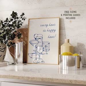 Póster de cócteles, accesorios para carrito de bar, impresión artística de Happy Hour, arte de pared de cócteles dibujados a mano, decoración bonita de apartamentos