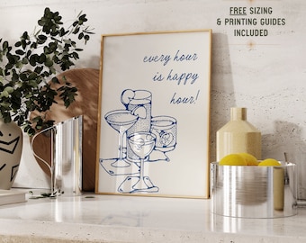 Affiche cocktail, accessoires de chariot de bar, impression d'art Happy Hour, art mural cocktails dessinés à la main, décoration d'appartement mignon