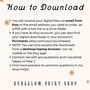 以下が含まれることがあります： Etsyで購入したデジタルファイルをダウンロードする方法を示すグラフィック。テキストには、メールによるファイルの受け取り、Etsyアカウントを使用したダウンロードへのアクセス、デスクトップまたはラップトップブラウザからのダウンロードへのアクセスに関する情報が含まれています。