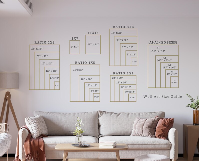 May include: A wall art size guide with different ratios and sizes for prints. The guide includes standard sizes like 5x7, 11x14, and 24x36 inches, as well as ratios like 2x3, 3x4, 4x5, and 1x1. The guide also includes standard ISO sizes like A1, A2, A3, and A4.