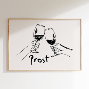 Prostwijnposter, barwagenaccessoires, cocktailmuurkunst, wijnkrabbelkunst aan de muur, leuk appartementdecor housewarmingcadeau Cheers Art