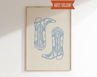 Blue Cowboy Boots Print Minimalist Southern Wall Art Poster, Vintage Western Cowgirl Art, Cute Apartment Decor