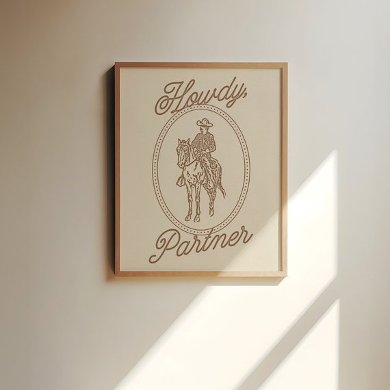 Howdy Partner Print Brown, Minimalist Western Wall Art Poster, Vintage Cowboy Art, Cute Apartment Decor, Southern Hospitality Print
