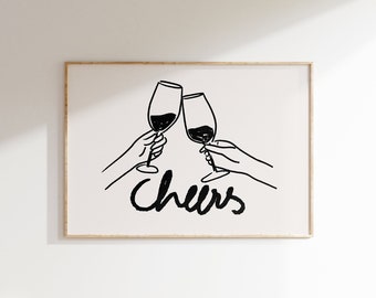 Cheers Print Wine Poster, Bar Cart Accessories Cocktail Wall Art, Champagne Poster Drink Wall Art, Cute Apartment Decor Housewarming Gift