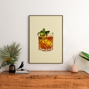 Old Fashioned Cocktail Poster, Bar Cart Accessories, Whisky Art Print, Vintage Cocktails Wall Decor