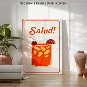 Cocktail Art Print, Bar Cart Wall Art, Vintage Cocktail Poster Salud, Downloadable Printable Art for Bar, Cute Retro Apartment Decor