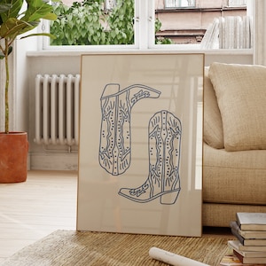 Op de afbeelding: Een ingelijst afdruk van een paar blauwe cowboylaarzen met ingewikkelde ontwerpen op een beige achtergrond.
