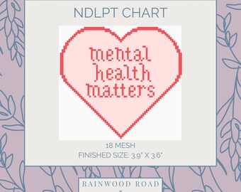 Op de afbeelding: Een kruissteekpatroon met een roze hart met de tekst "mental health matters". Het patroon staat op een lichte achtergrond met bovenaan de tekst "NDLPT CHART". De afmeting is 9,9 cm x 9,1 cm.