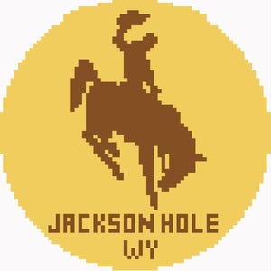 May include: A pixelated design featuring a brown silhouette of a cowboy riding a bucking bronco against a yellow background. The text "JACKSON HOLE WY" is displayed in a blocky font below the image.