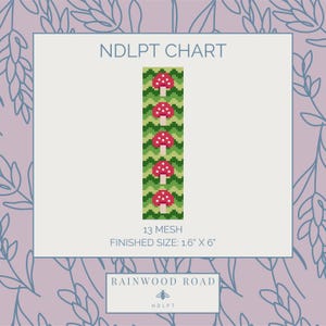 May include: A chart with the text "NDLPT CHART" and a repeating pattern of red mushrooms with white dots on a green background. The finished size is 4.06 cm x 15.24 cm. The brand name "RAINWOOD ROAD" is at the bottom.