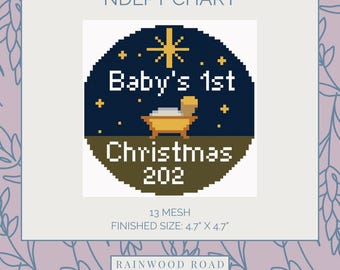 May include: Cross-stitch pattern with the text "Baby's 1st Christmas 202" in a circular design. The design includes a baby in a bathtub and stars on a dark blue background. Finished size is 4.7" x 4.7".