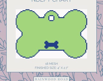May include: A green bone-shaped design with a blue outline and a blue bone graphic in the center. The text "NDLPT CHART" is at the top, and "FINISHED SIZE: 10.16cm X 6.86cm" is at the bottom. The text "RAINWOOD ROAD" is also present.