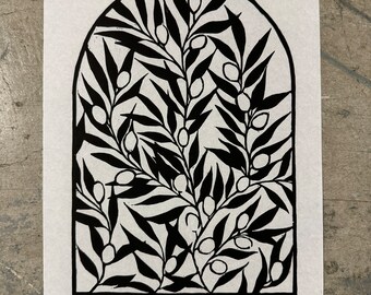 Cosecha de aceitunas - grabado original en madera