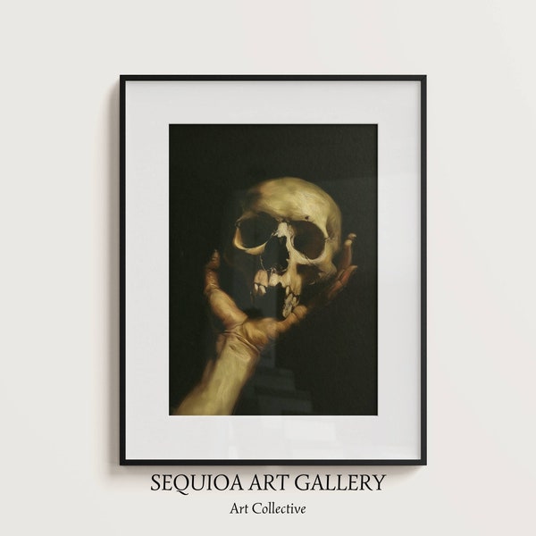 Skull in hand Painting | PRINTABLE Still Life Wall Art Decor | Vintage Gothic Painting | Memento Mori and Vanitas Art | Digital Download