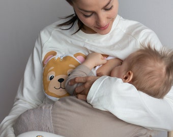 Mama Bear - Schattige, warme en comfortabele borstvoedingpyjama met gemakkelijke ritssluiting en voedingskussens - 100% biologisch katoen - Ideaal om samen te slapen!