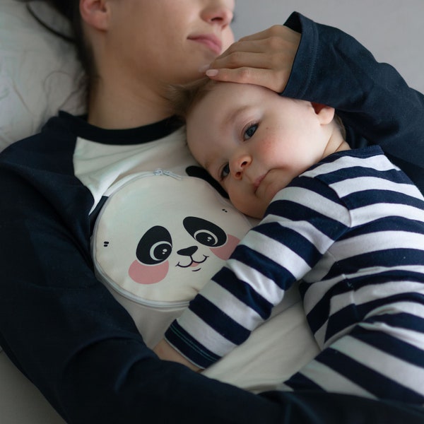 Panda Mama - Niedlicher, warmer und kuscheliger Stillpyjama mit einfachen Reißverschlussöffnungen und Stillpads - 100% Bio-Baumwolle - Ideal zum Mitschlafen!