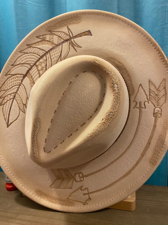 Custom Freehand Burned Felt Hat - Feathers & Arrows - Etsy display picture 2