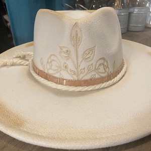 Custom Freehand Burned Felt Hat - vine Crown / Brim