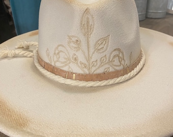 Custom Freehand Burned Felt Hat - vine Crown / Brim