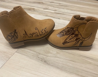 Custom Freehand Burned Boots for Toddler ~ Feather & Longhorn Steer