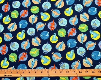 May include: A blue fabric with a repeating pattern of colorful dinosaurs in circles. The dinosaurs are in various poses, including standing, walking, and running. The circles are in shades of blue, green, yellow, and orange.