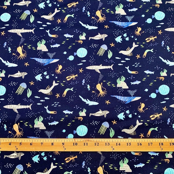 Dear Stella Ocean Novedad Niños Tela Impresión Edredón Algodón BTY Sirena Medusa Tiburón