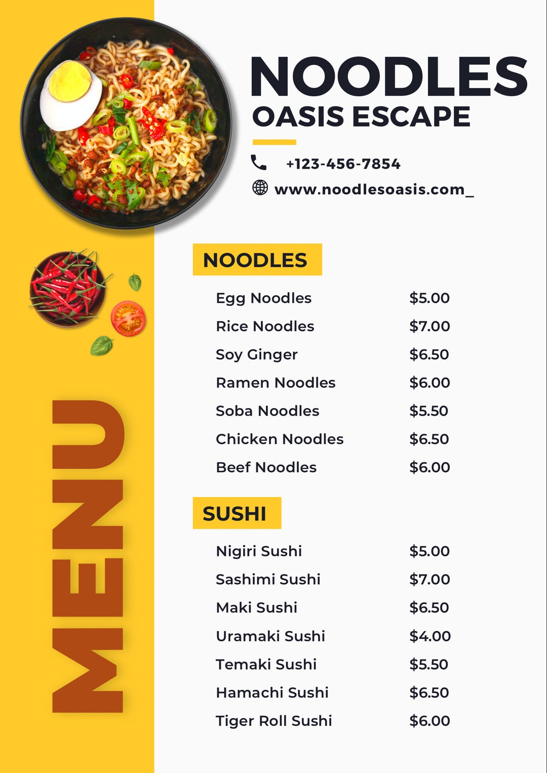 Noodles Sushi Restaurant Menu Template Beautiful Neat Design Etsy