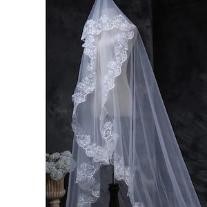 Lace Edge Bridal Veil, Mantilla Lace Wedding Veil, Lace Veil, Crochet Rose Lace Veil, Church Wedding Veil, Scalloped Edge Veil HVE009