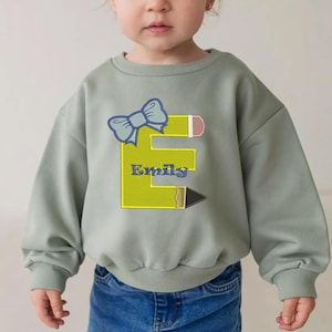 Embroidered Back to School Sweatshirt, Applique Pencil Shirt, Personalized First Day of School Outfit, Pink Seersucker Ruffle Set ESE089.C