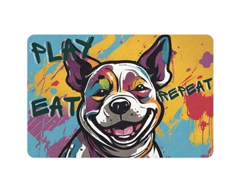 May include: A colorful illustration of a dog with the words "Play Eat Repeat" on a yellow, blue, and purple background.