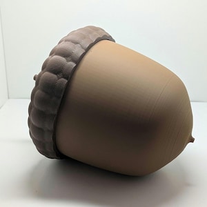 Puede incluir: Un objeto grande en forma de bellota marrón con una tapa marrón oscura texturizada. El cuerpo de la bellota es de un tono marrón más claro. El objeto está sobre una superficie blanca.