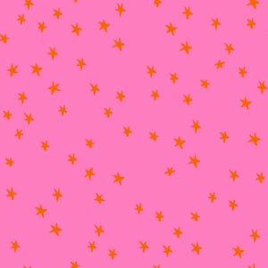 May include: A pink background with a scattered pattern of orange stars.