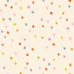 May include: A repeating pattern of colorful stars scattered across a cream-colored background. The stars are in various colors, including red, blue, yellow, green, and pink. The design has a hand-drawn, whimsical feel.