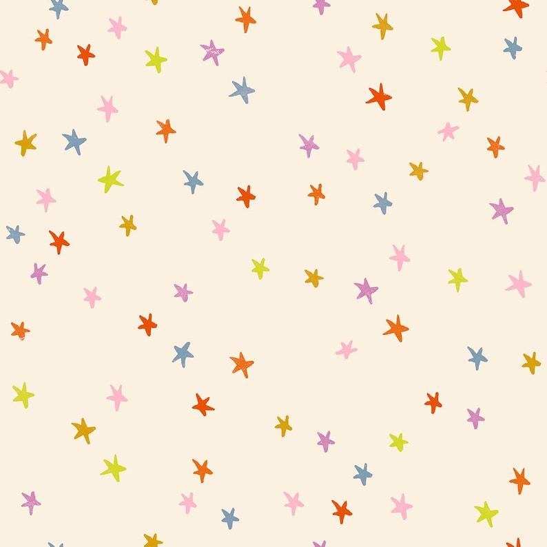 May include: A repeating pattern of colorful stars scattered across a cream-colored background. The stars are in various colors, including red, blue, yellow, green, and pink. The design has a hand-drawn, whimsical feel.