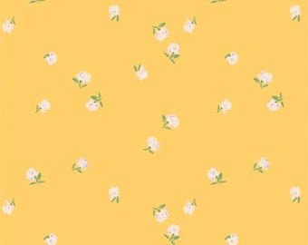 May include: A seamless pattern featuring small white flowers with green leaves scattered across a bright yellow background. The floral design is simple and delicate, creating a cheerful and summery aesthetic. This pattern is suitable for various applications, such as fabric or wallpaper.