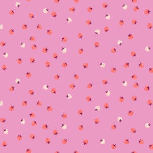 May include: A pink background is covered with a repeating pattern of strawberries. The strawberries are in shades of red and white, with green stems. The design is simple and playful, perfect for fabric or wallpaper.